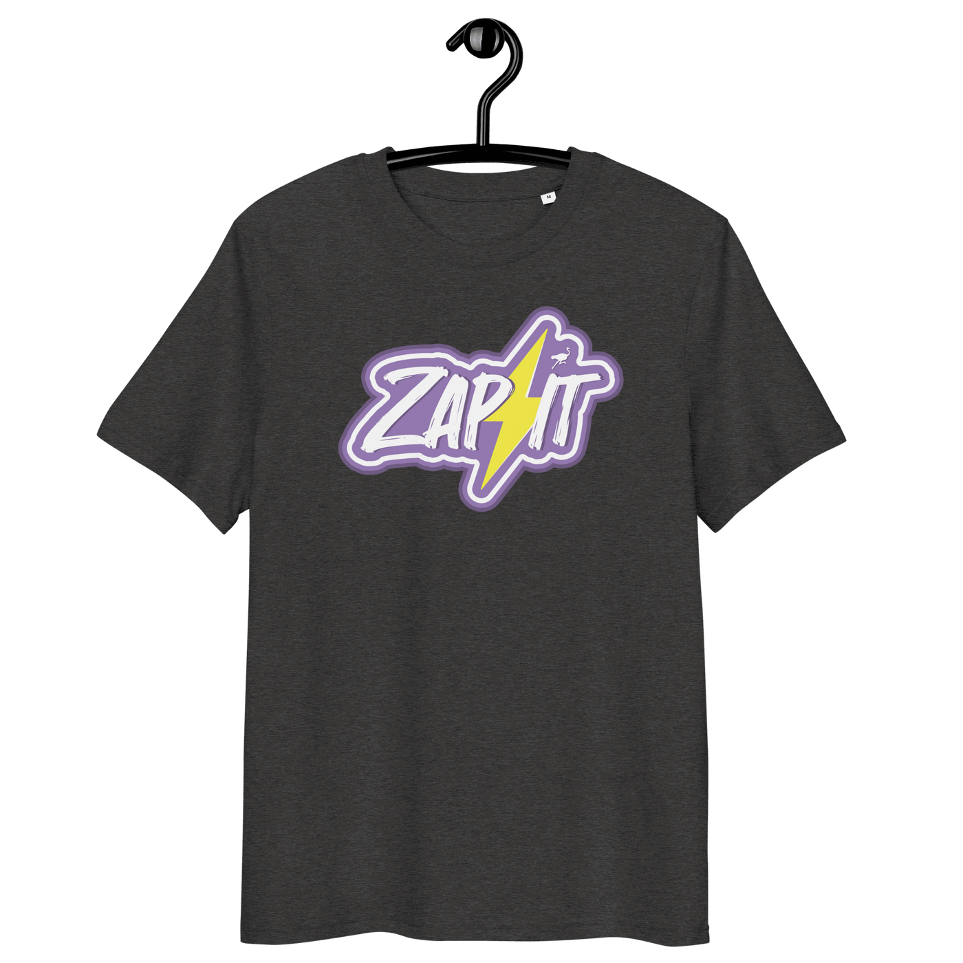 Certification logos for OEKO-TEX, PETA, GOTS, OCS, and GRS on Zap It Nostr organic cotton t-shirt