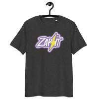 Certification logos for OEKO-TEX, PETA, GOTS, OCS, and GRS on Zap It Nostr organic cotton t-shirt