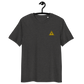 Front view of a dark heather grey bitcoin t-shirt.