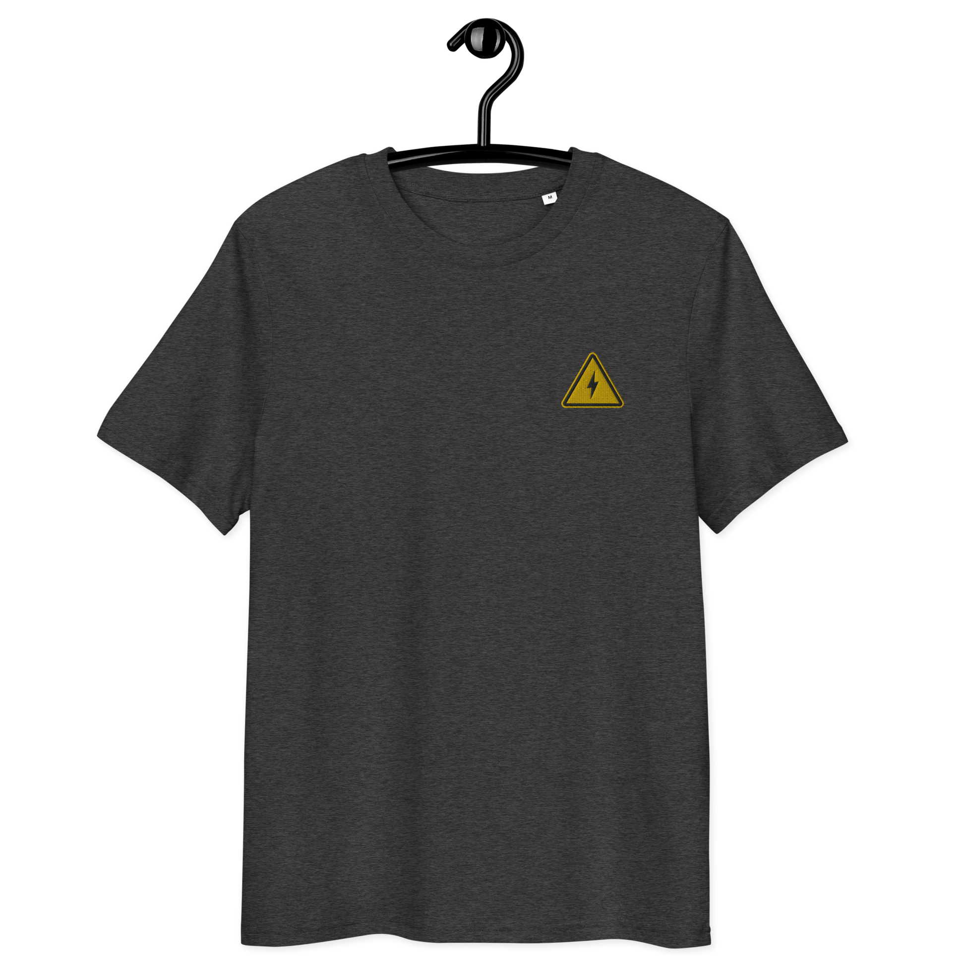 Front view of a dark heather grey bitcoin t-shirt.