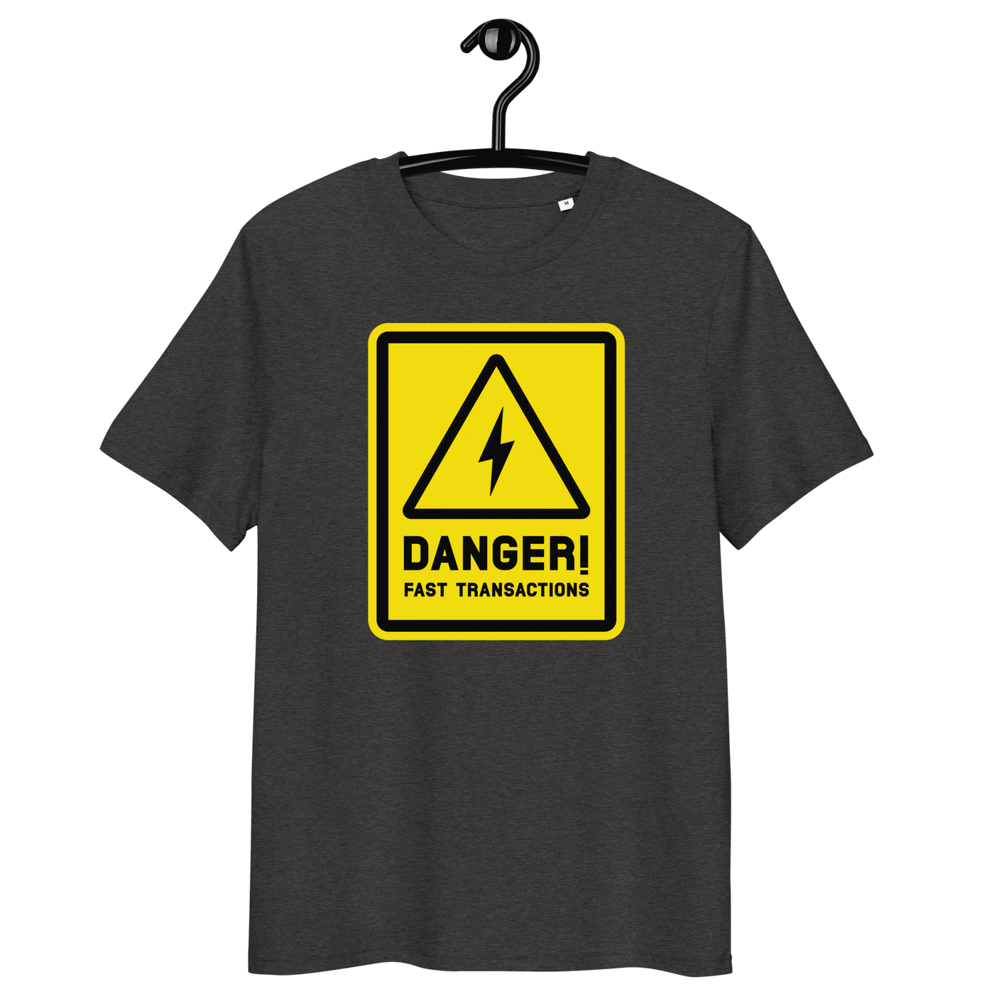Front view of a dark heather grey bitcoin t-shirt.