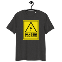 Front view of a dark heather grey bitcoin t-shirt.