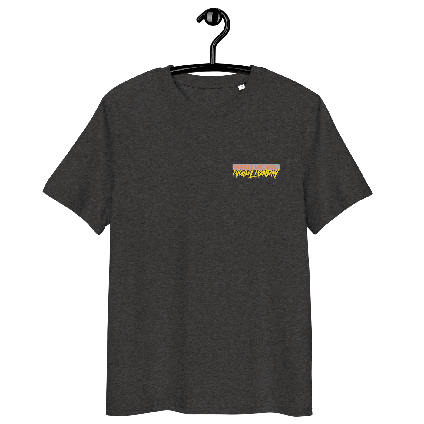 Michael Monday Anarcho Late Night organic cotton t-shirt with eco-friendly certification logos and size chart table