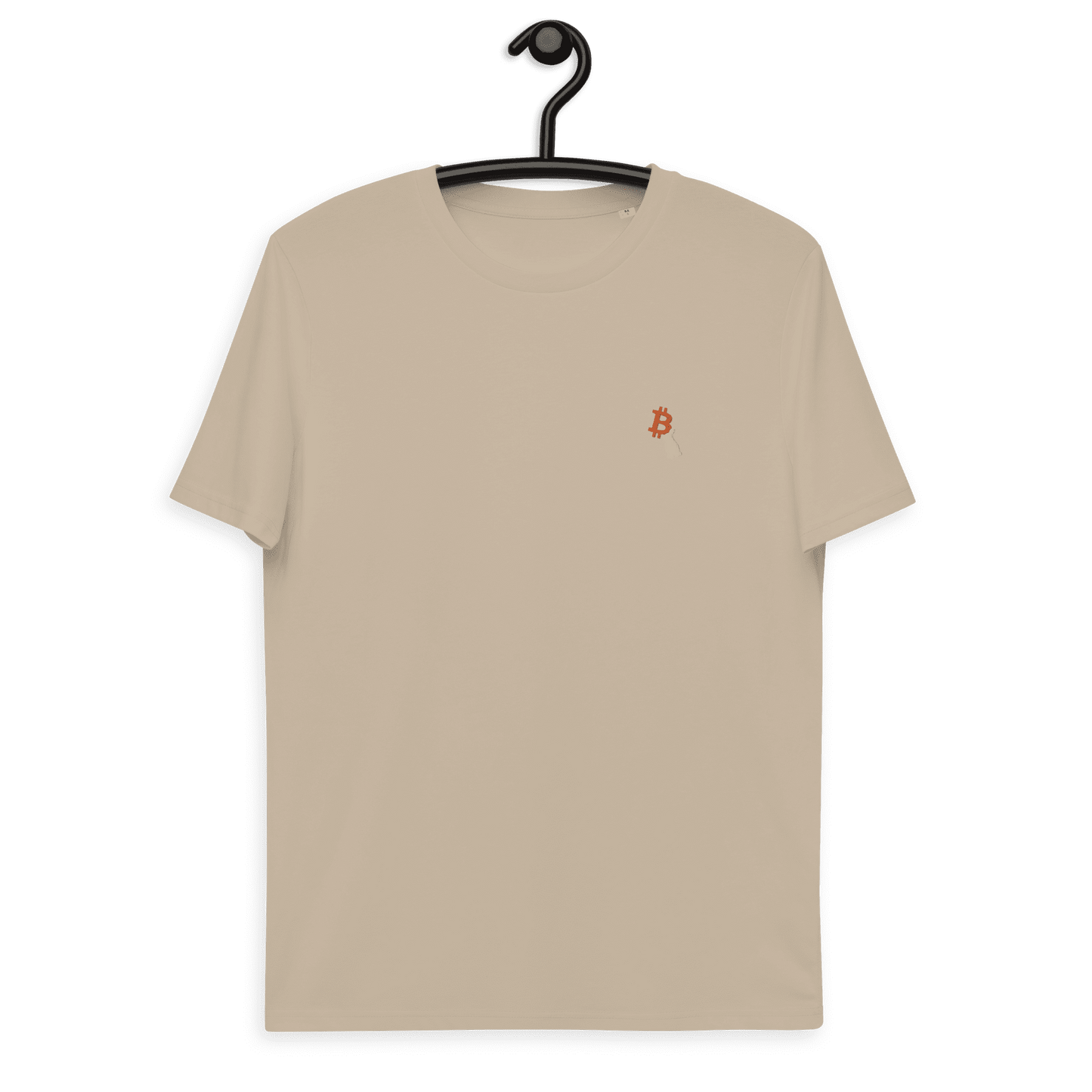 Front view of a desert dust colored embroidered bitcoin t-shirt.