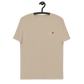 Front view of a desert dust colored embroidered bitcoin t-shirt.