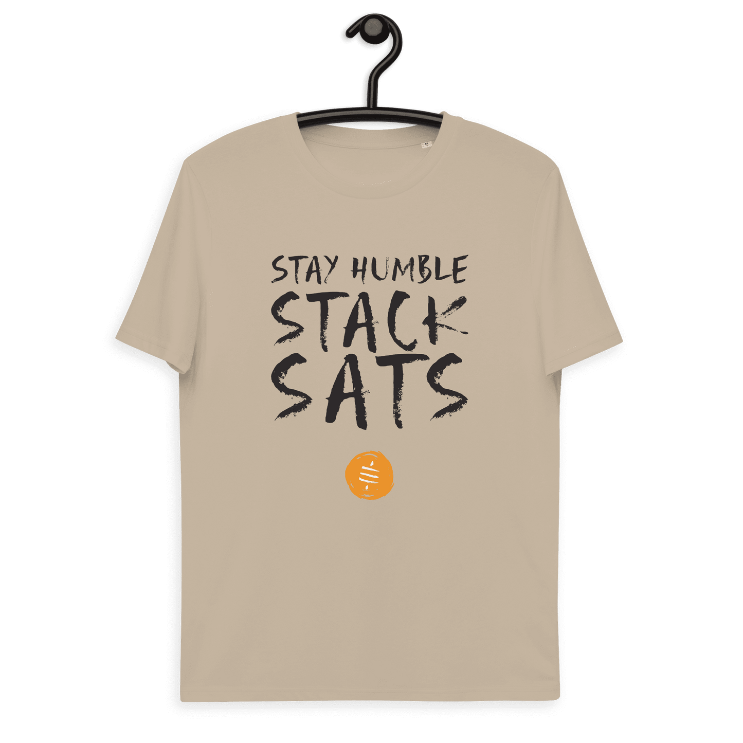 Front view of a dersert dust colored bitcoin t-shirt.