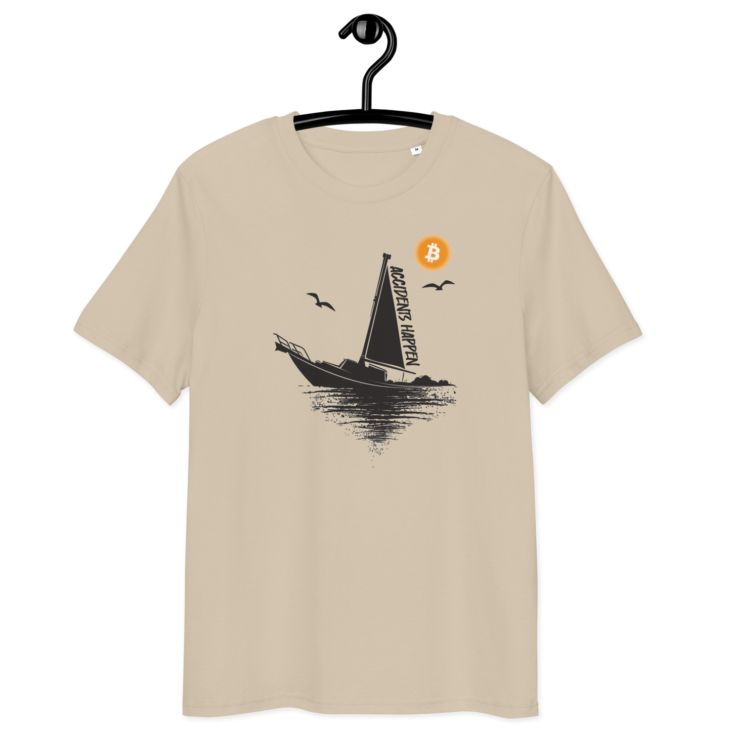 Front view of a dersert dust colored bitcoin t-shirt.