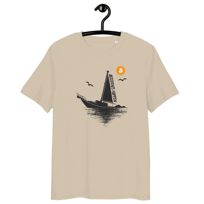 Organic cotton bitcoin t-shirt with boat accident meme and multiple eco-friendly certifications