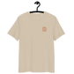 Front view of a dersert dust colored embroidered bitcoin t-shirt.