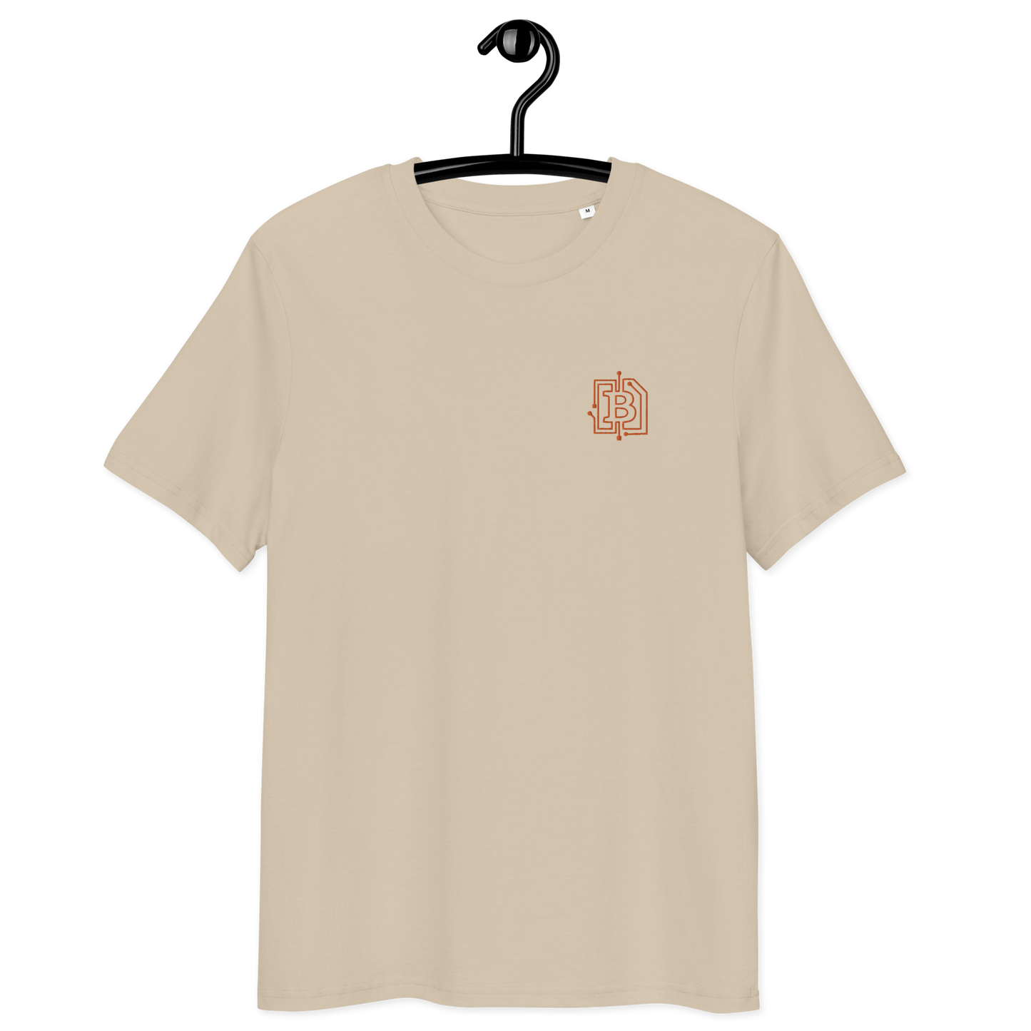 Front view of a dersert dust colored embroidered bitcoin t-shirt.