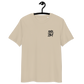 Front view of a desert dust colored embroidered bitcoin t-shirt.