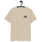 Front view of a desert dust colored embroidered bitcoin t-shirt.