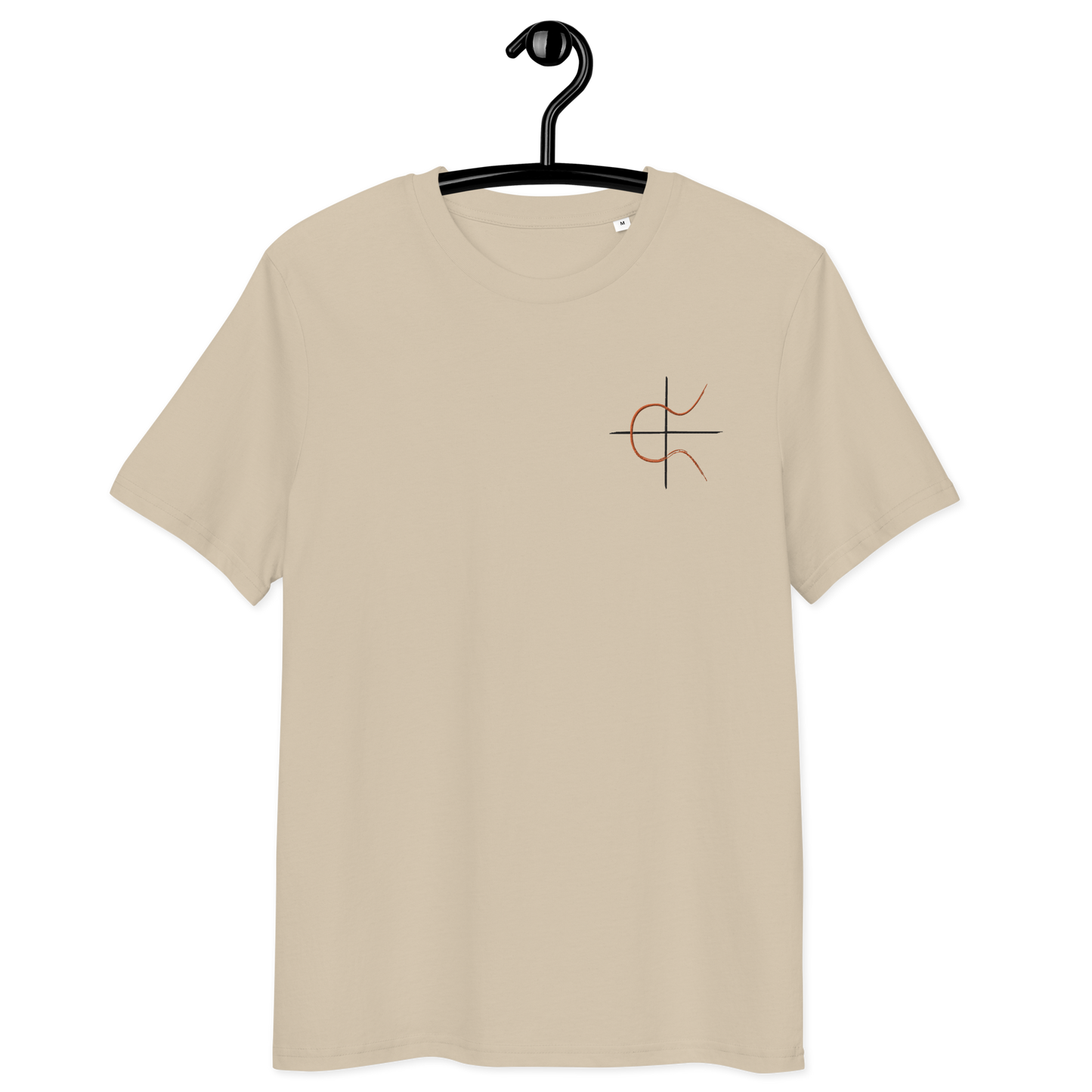 Front view of a desert dust colored embroidered bitcoin t-shirt.