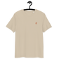 Front view of a desert dust colored embroidered bitcoin t-shirt.