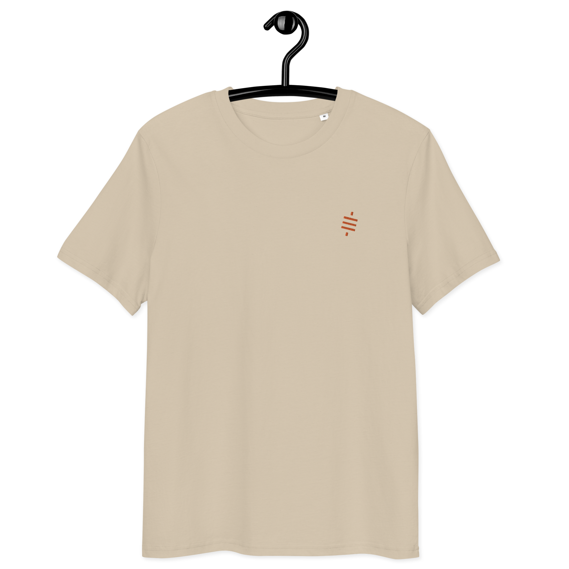 Front view of a desert dust colored embroidered bitcoin t-shirt.