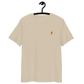 Front view of a desert dust colored embroidered bitcoin t-shirt.