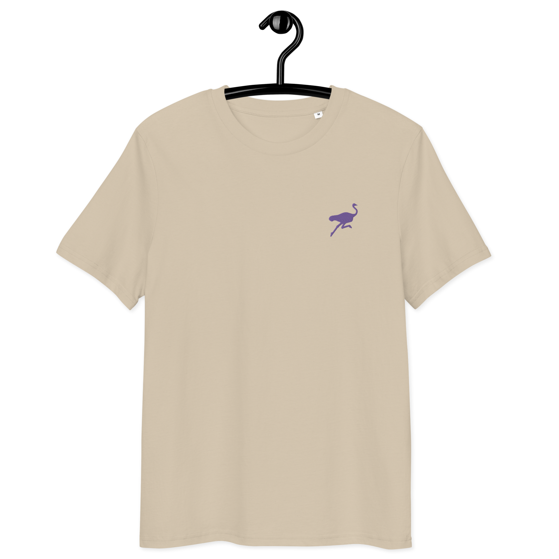 Front view of a desert dust colored embroidered nostr t-shirt.