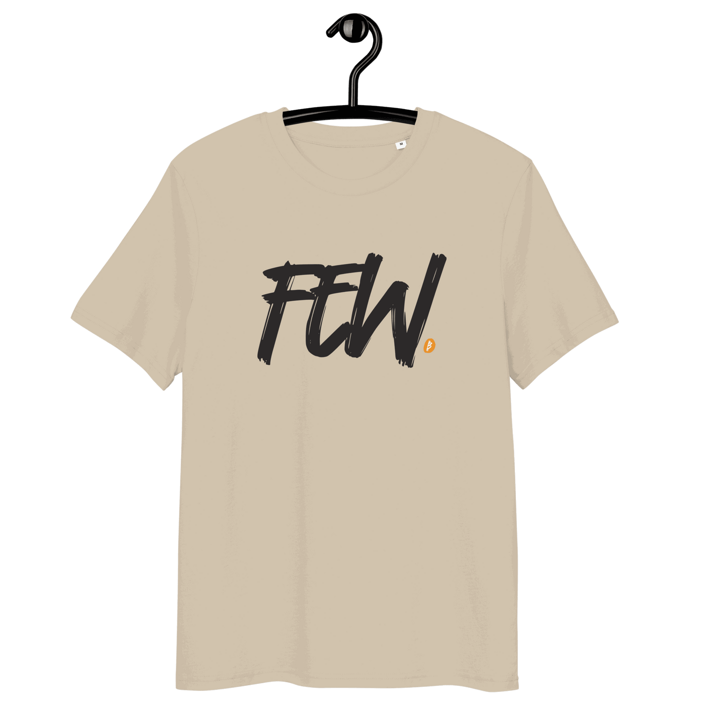 Organic cotton bitcoin t-shirt with multiple eco-friendly certifications showing the word few