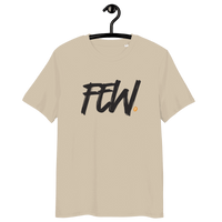 Organic cotton bitcoin t-shirt with multiple eco-friendly certifications showing the word few