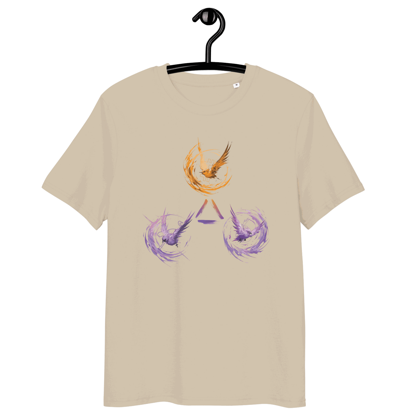 Organic cotton Bitcoin T-shirt with Trinity of Freedom design featuring Tor, Bitcoin, and Nostr logos and eco certifications