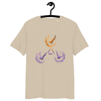 Organic cotton Bitcoin T-shirt with Trinity of Freedom design featuring Tor, Bitcoin, and Nostr logos and eco certifications
