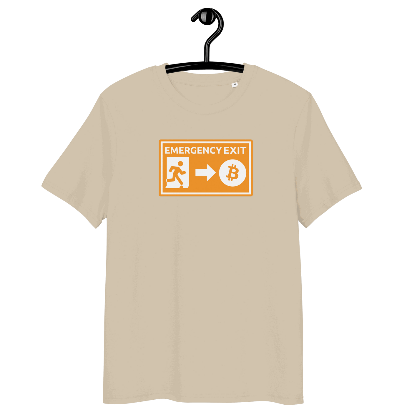 Certification logos of OEKO-TEX, PETA, GOTS, OCS, GRS on organic cotton Emergency Exit Bitcoin T-shirt