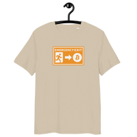 Certification logos of OEKO-TEX, PETA, GOTS, OCS, GRS on organic cotton Emergency Exit Bitcoin T-shirt