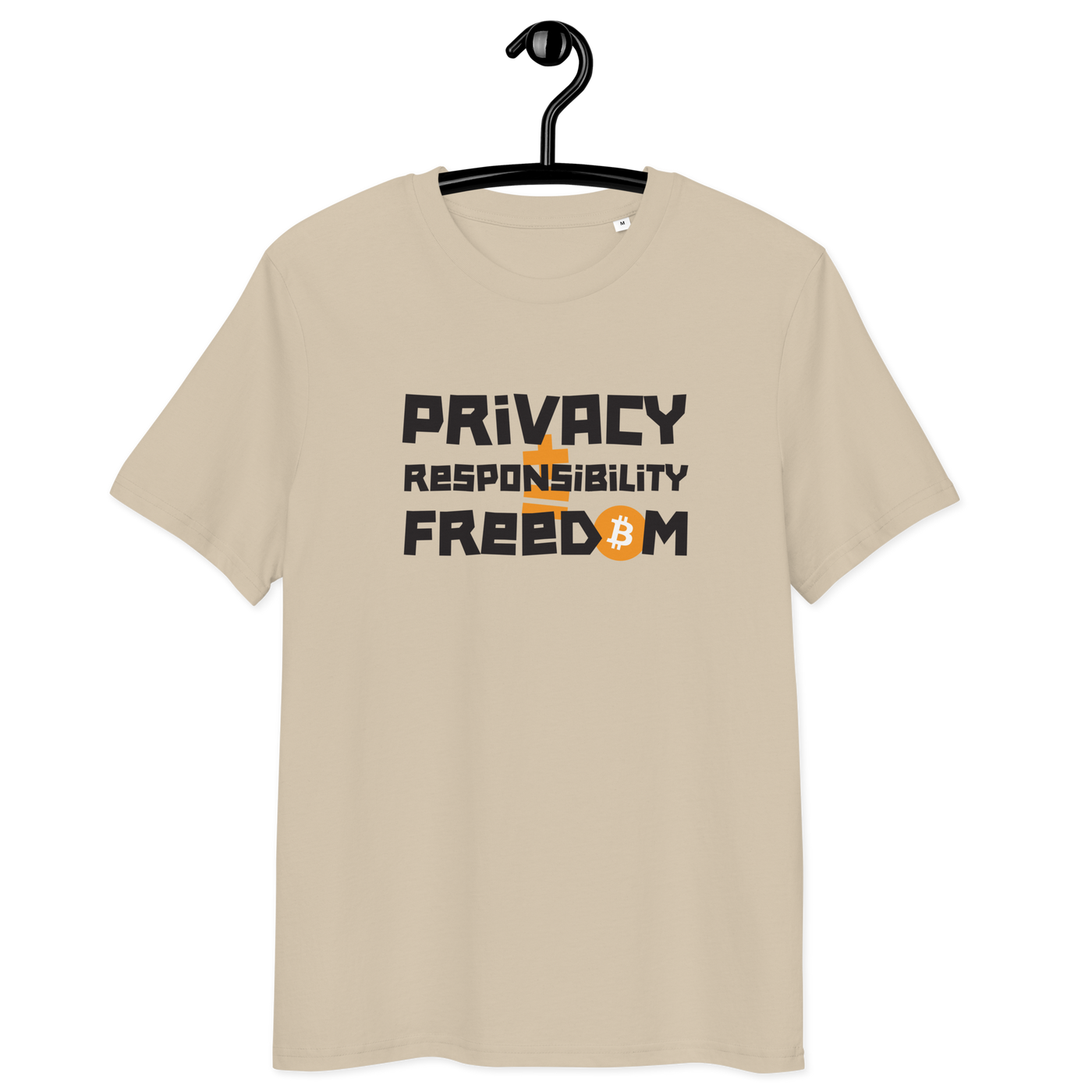 Organic cotton Bitcoin t-shirt with privacy and responsibility message and multiple eco certifications