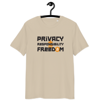 Organic cotton Bitcoin t-shirt with privacy and responsibility message and multiple eco certifications