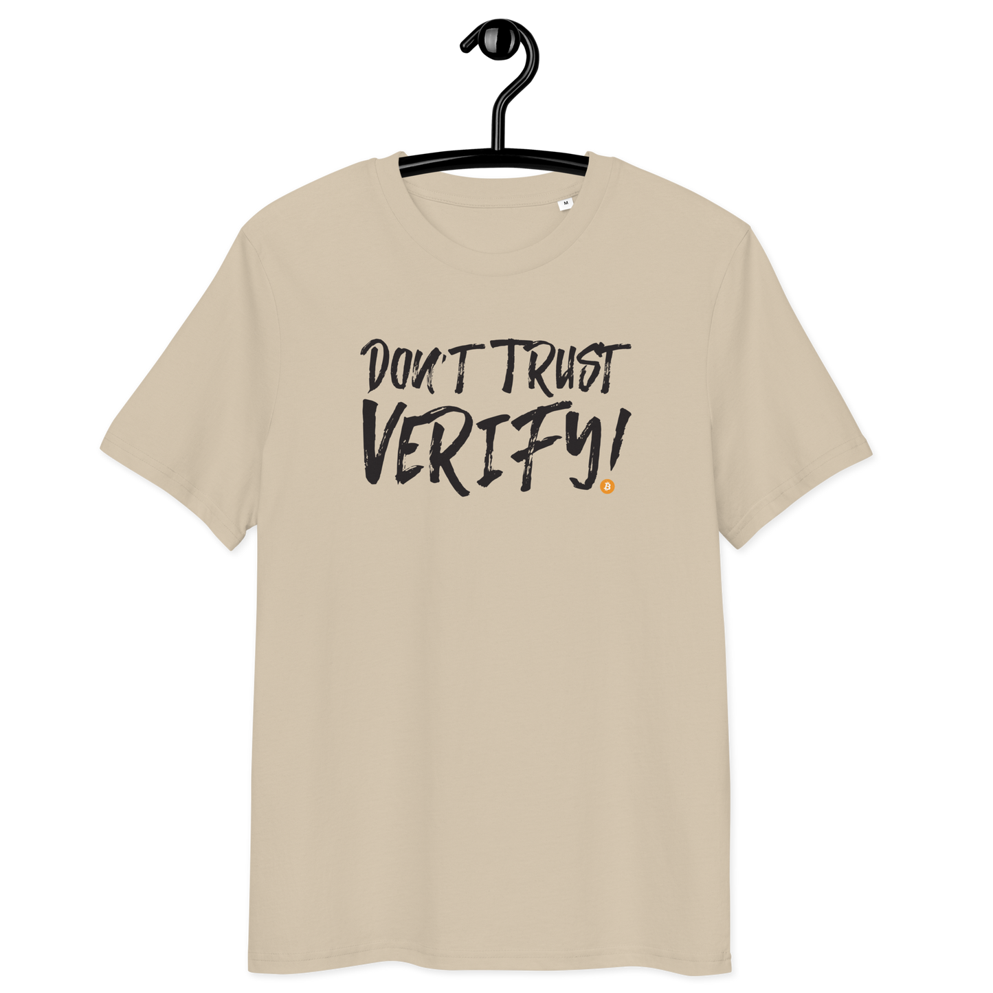 Front view of a dersert dust colored bitcoin t-shirt.