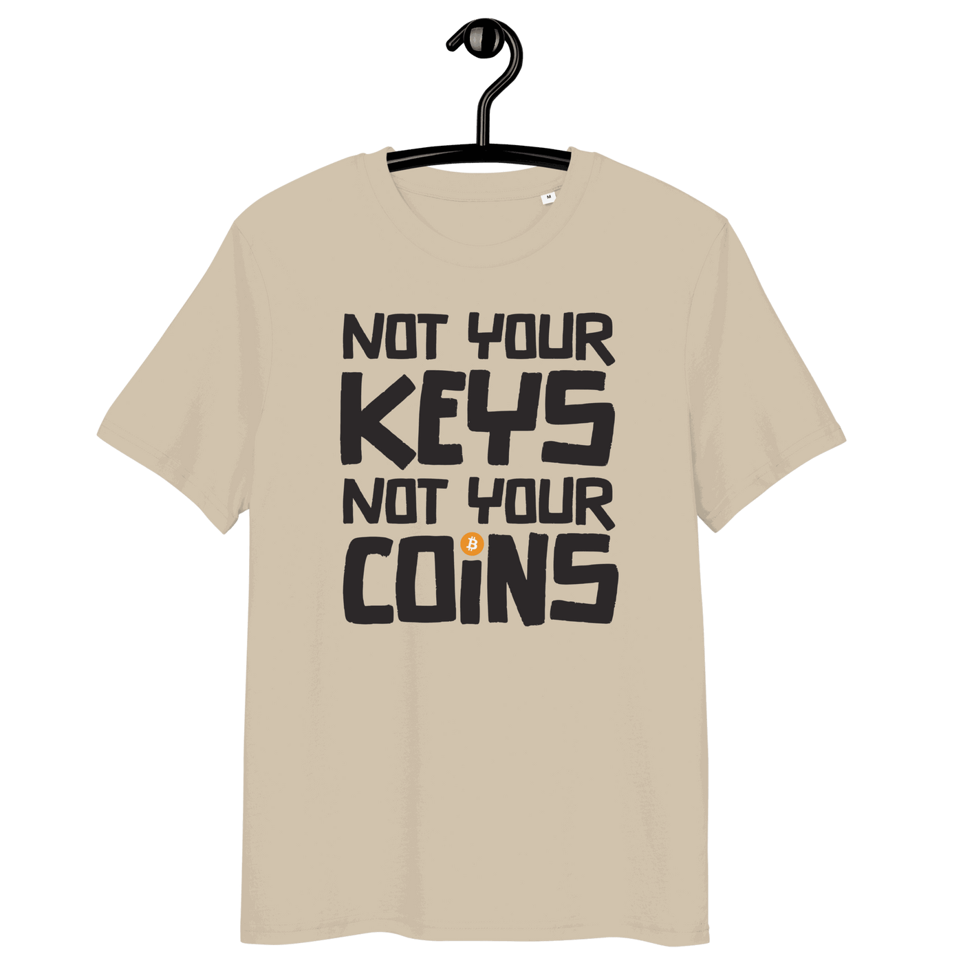 Front view of a dersert dust colored bitcoin t-shirt.