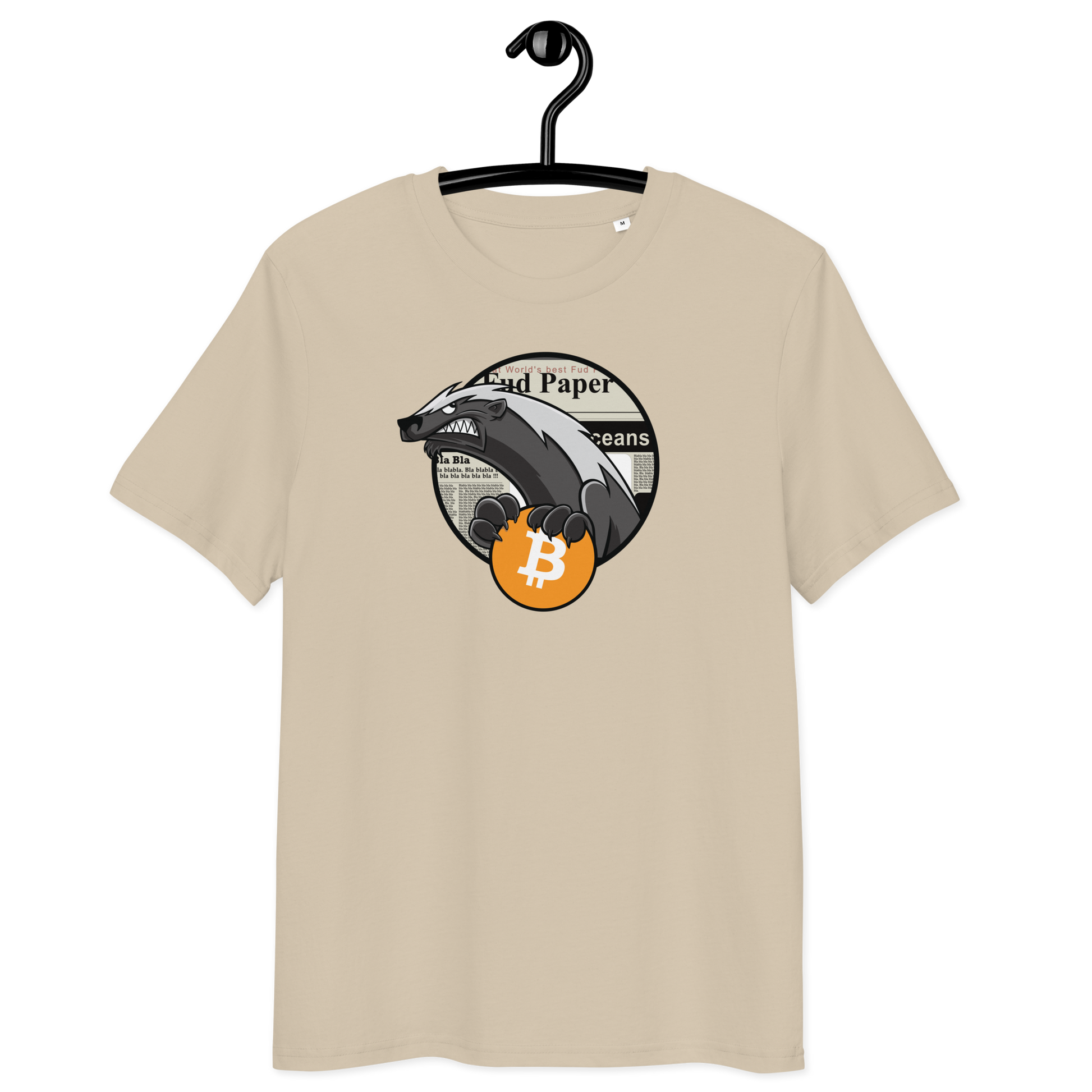 Front view of a dersert dust colored bitcoin t-shirt.