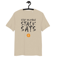 Stay Humble Stack Sats organic cotton Bitcoin t-shirt with eco-friendly certifications