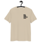 Front view of a desert dust colored embroidered bitcoin t-shirt.