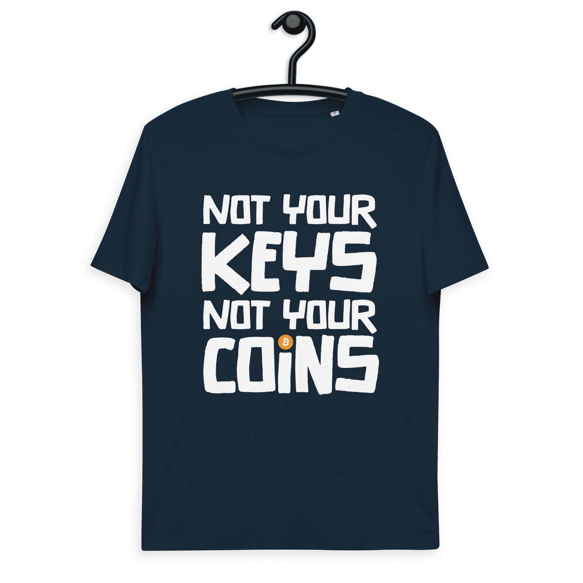 Front view of a navy colored bitcoin t-shirt.