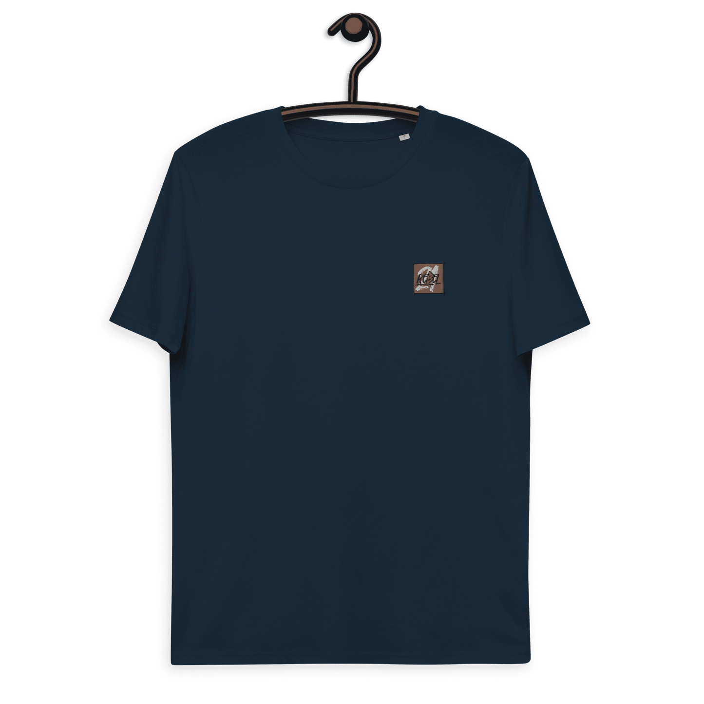 Front view of a navy colored embroidered bitcoin t-shirt.