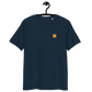 Front view of a navy colored bitcoin t-shirt.