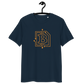 Front view of a navy colored bitcoin t-shirt.