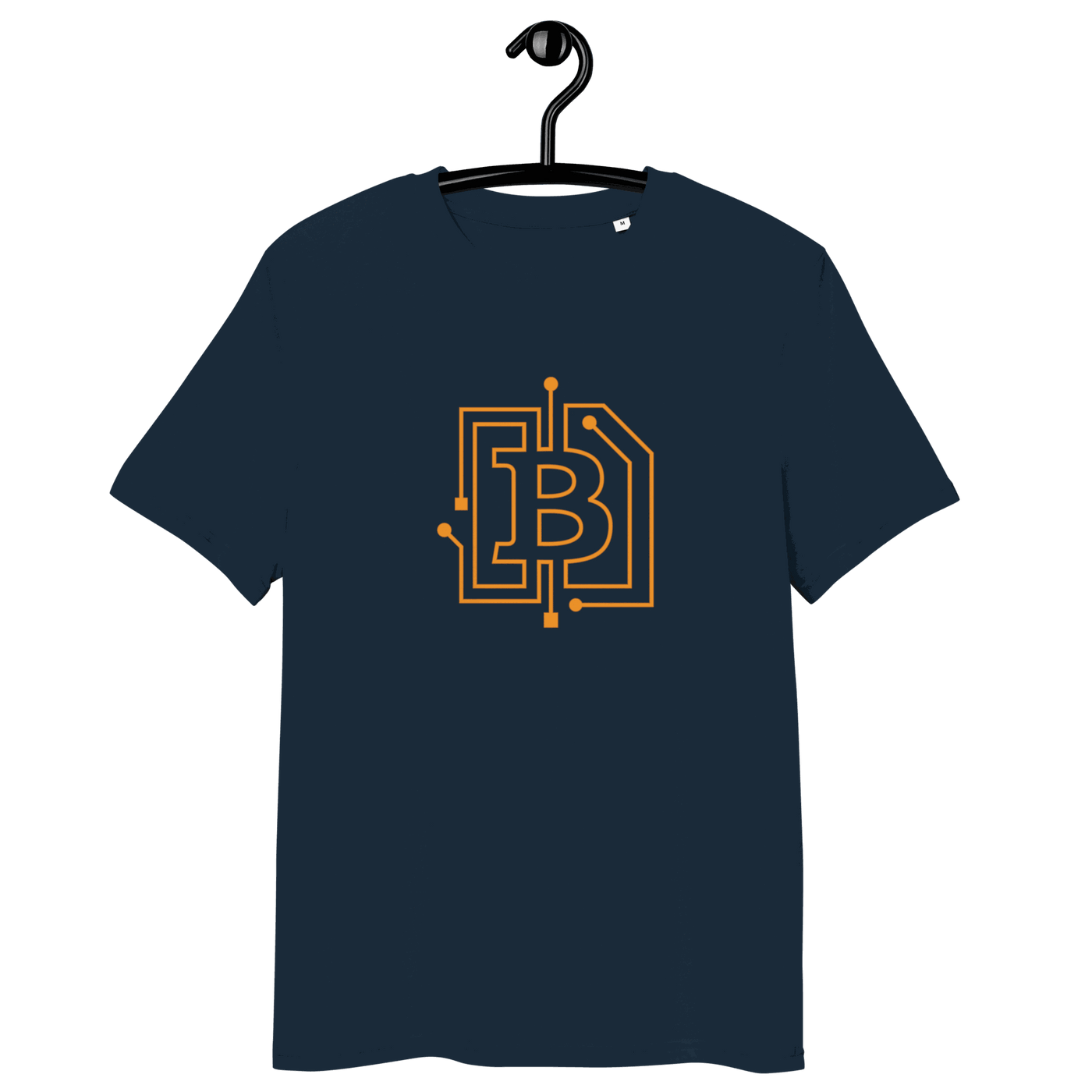 Certification badges for organic cotton circuit board Bitcoin T-shirt highlighting sustainability and tech innovation