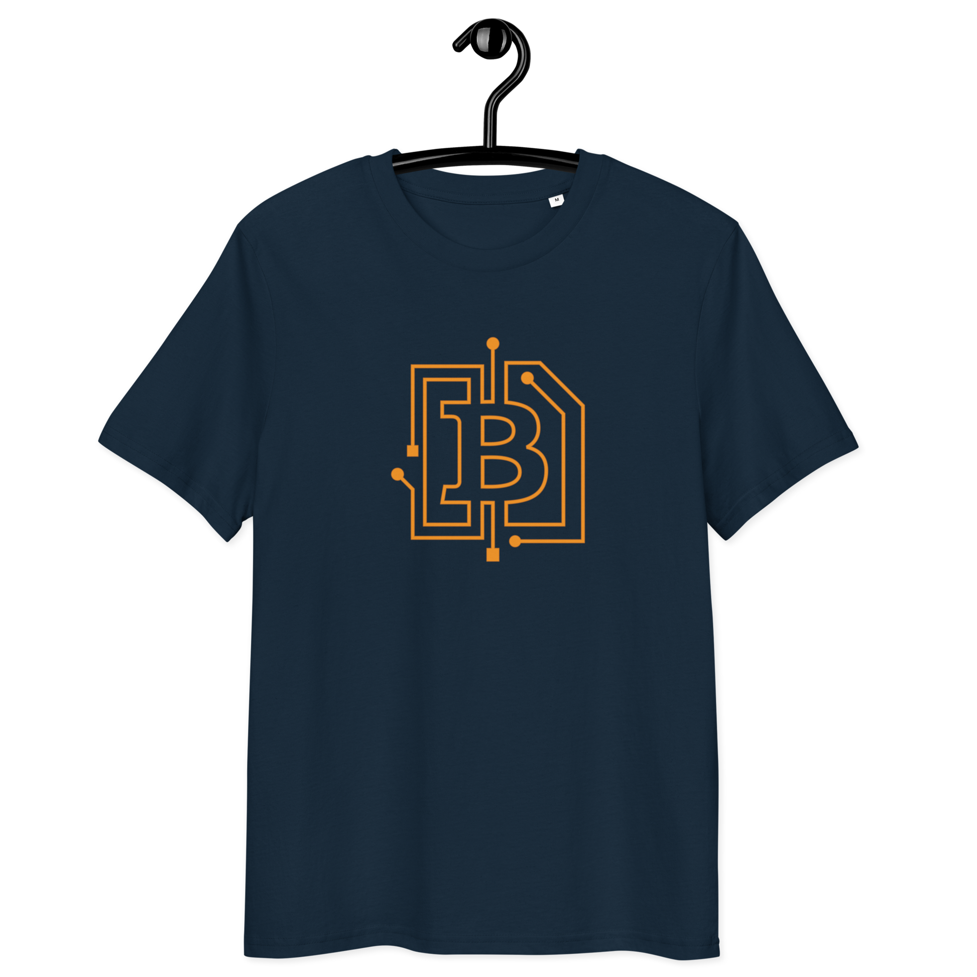 Front view of a navy colored bitcoin t-shirt.