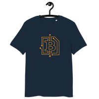 Certification badges for organic cotton circuit board Bitcoin T-shirt highlighting sustainability and tech innovation