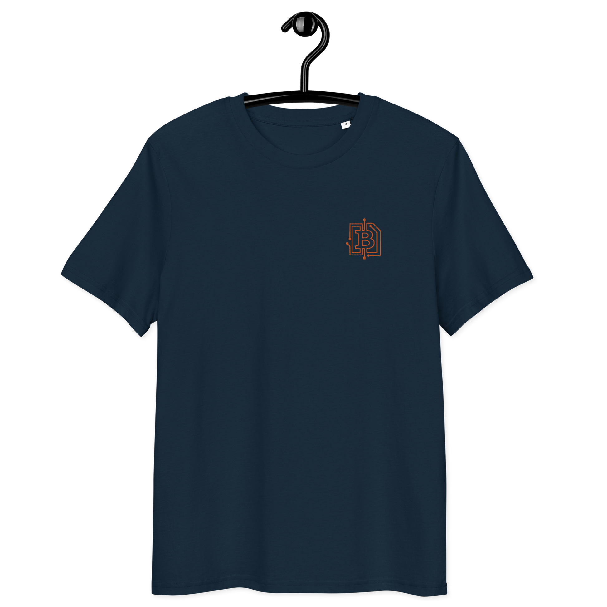 Front view of a navy colored embroidered bitcoin t-shirt.