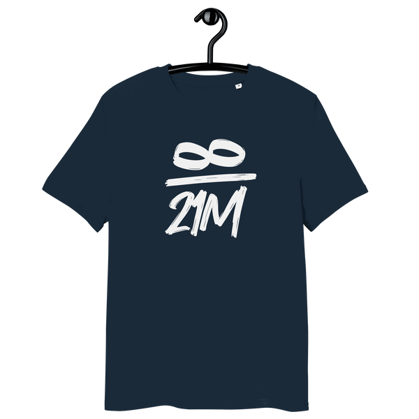 Eco-friendly 21 Million Bitcoin T-shirt with infinity logo, certified organic cotton and sustainable production.