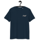 Front view of a navy colored embroidered bitcoin t-shirt.