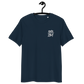 Front view of a navy colored embroidered bitcoin t-shirt.