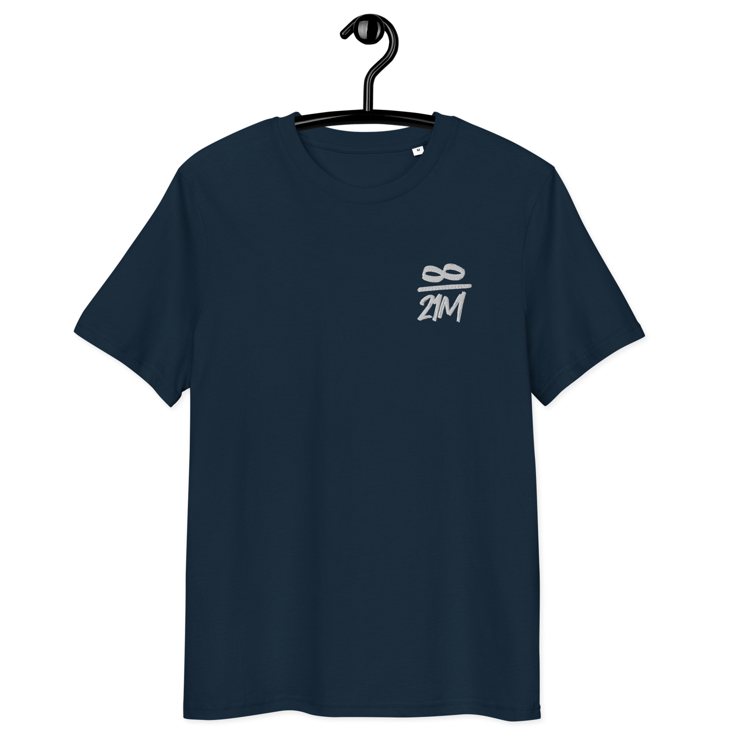 Front view of a navy colored embroidered bitcoin t-shirt.