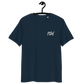 Front view of a navy colored embroidered bitcoin t-shirt.