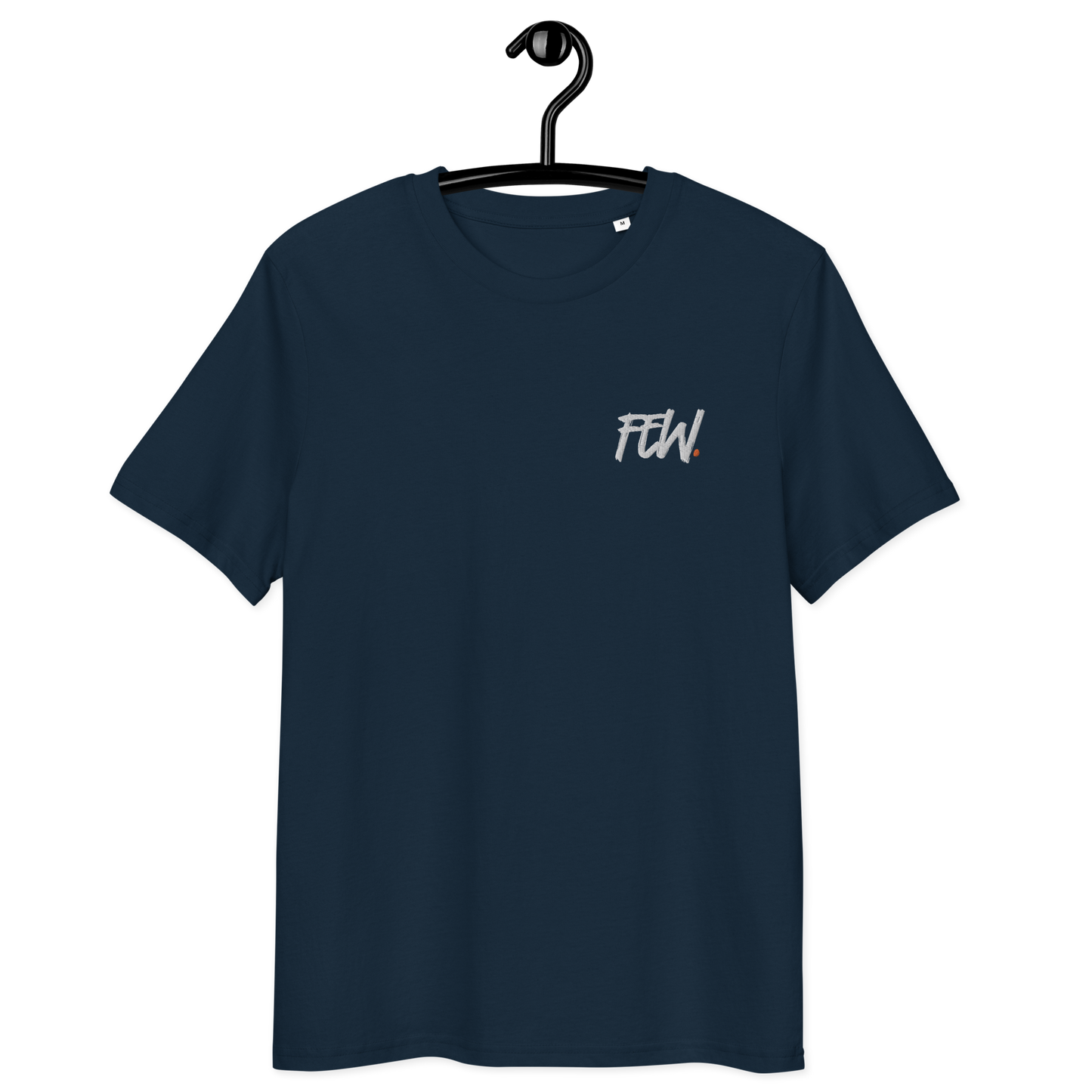 Front view of a navy colored embroidered bitcoin t-shirt.