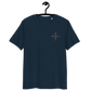 Front view of a navy colored embroidered bitcoin t-shirt.