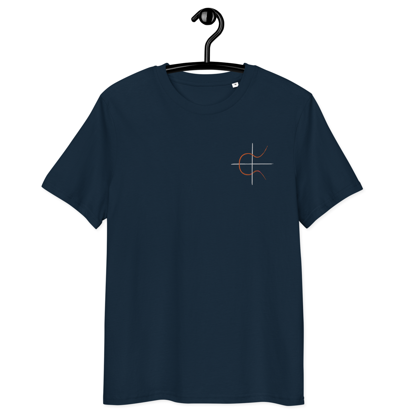 Front view of a navy colored embroidered bitcoin t-shirt.